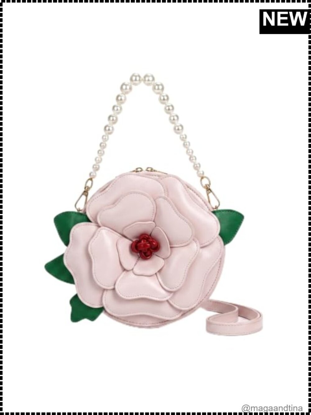 3D Flower Clutch Purse PU Leather Crossbody Bag Pearl Chain